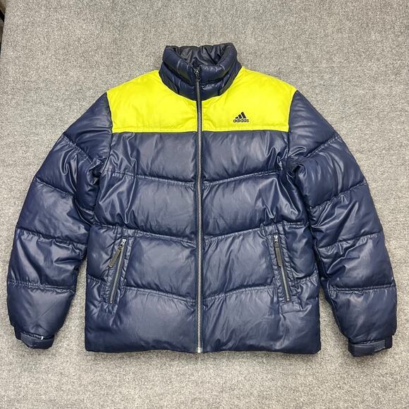 Adidas Puffer Jacket Men's L Blue Adiwarm Down Mock Neck Pockets Full Zip - Picture 1 of 13